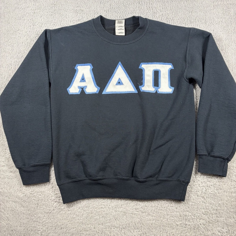 VINTAGE Greek Crewneck Sweater Alpha Delta Pi Sorority Small Black Blue Stitched